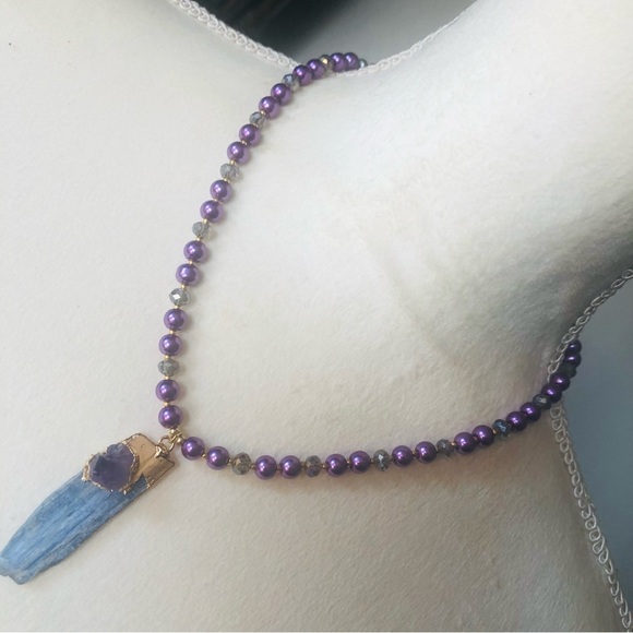 Handcrafted repurpose kyanite and amethyst pendant Czech glass Pearl necklace